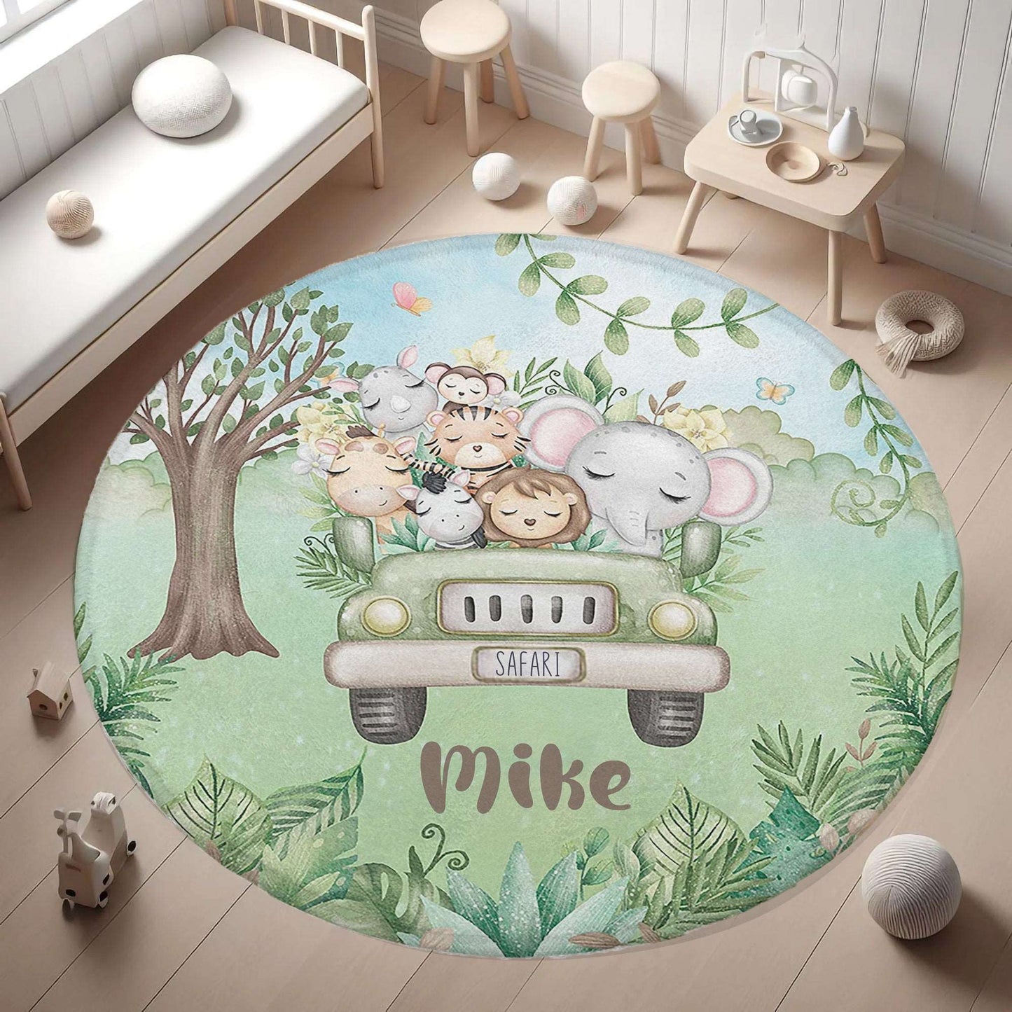 Safari Animals In Car Round Rug