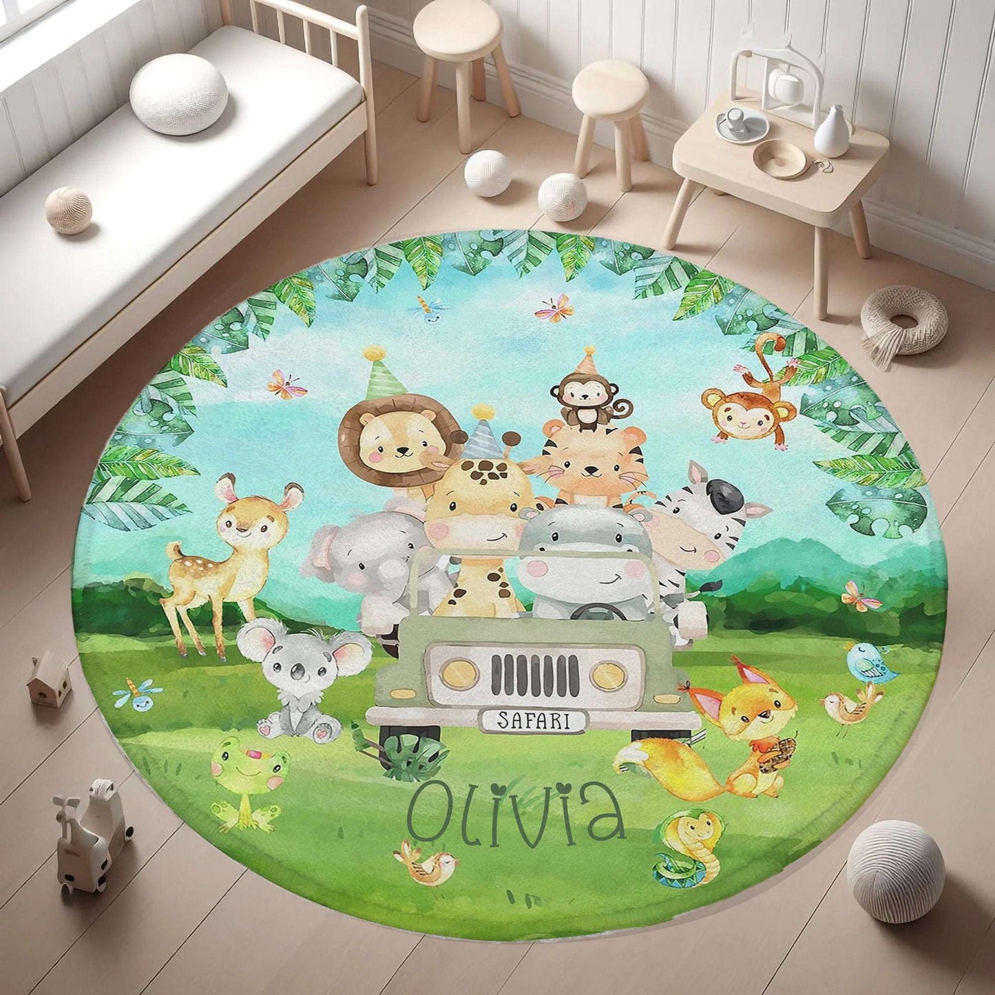 Safari Animals In Car Round Rug