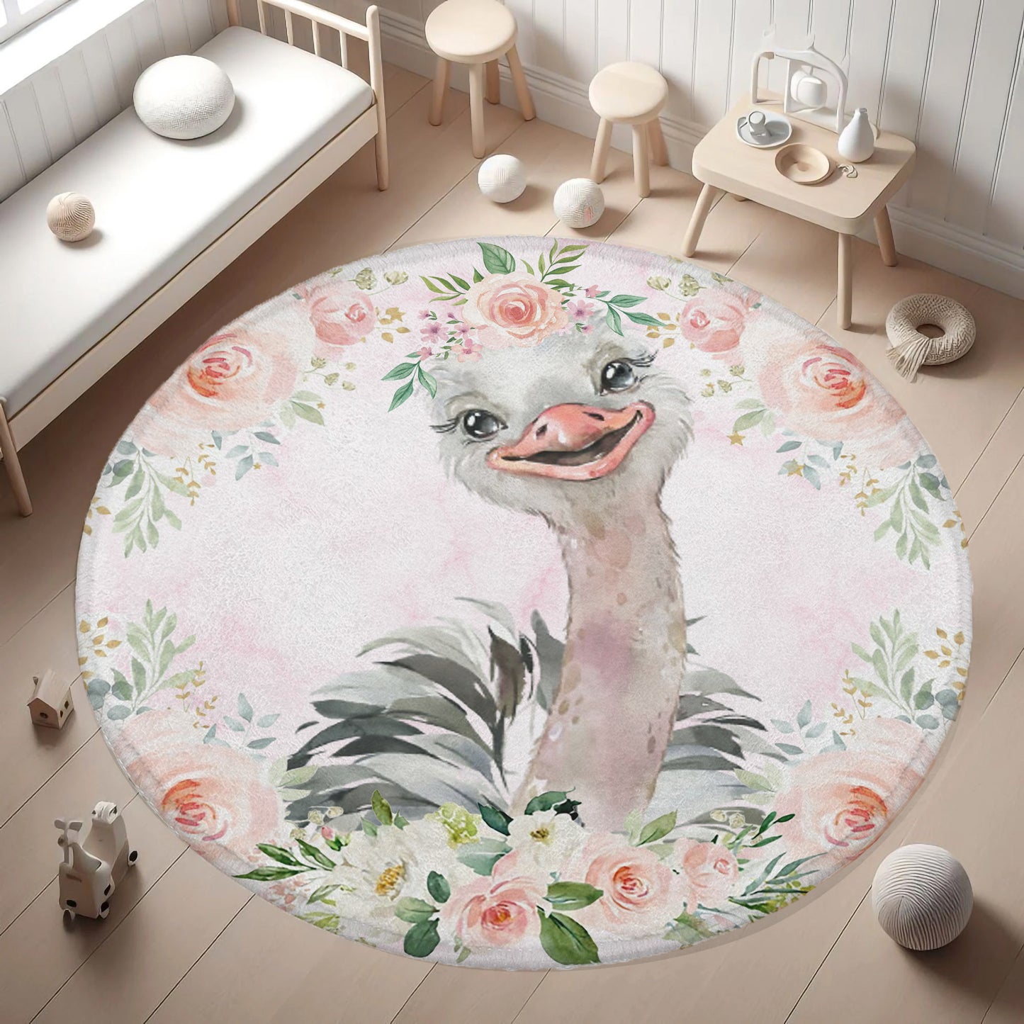 Baby Ostrich Rose Floral Round Rug