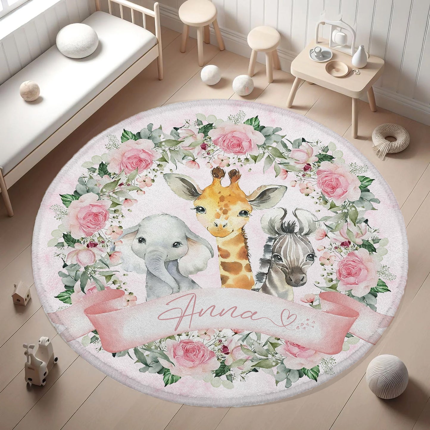 Safari Animals Rose Floral Round Rug