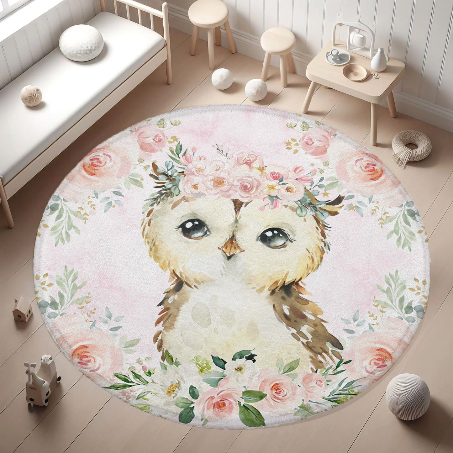 Baby Owl Rose Floral Round Rug