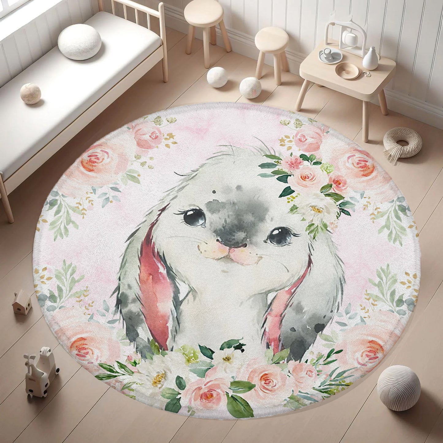 Baby Rabbit Rose Floral Round Rug