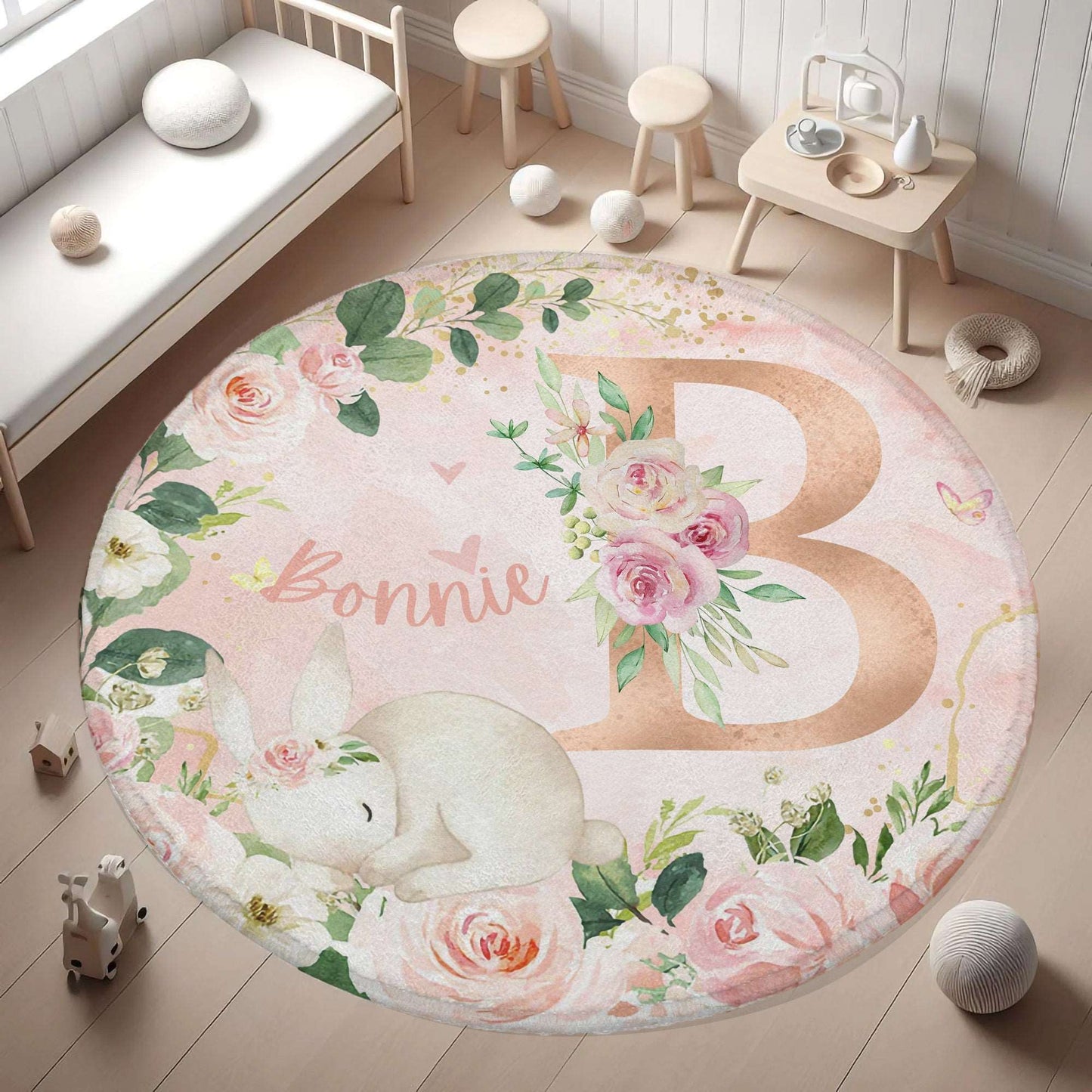 Baby Bunny Rose Floral Alphabet Round Rug