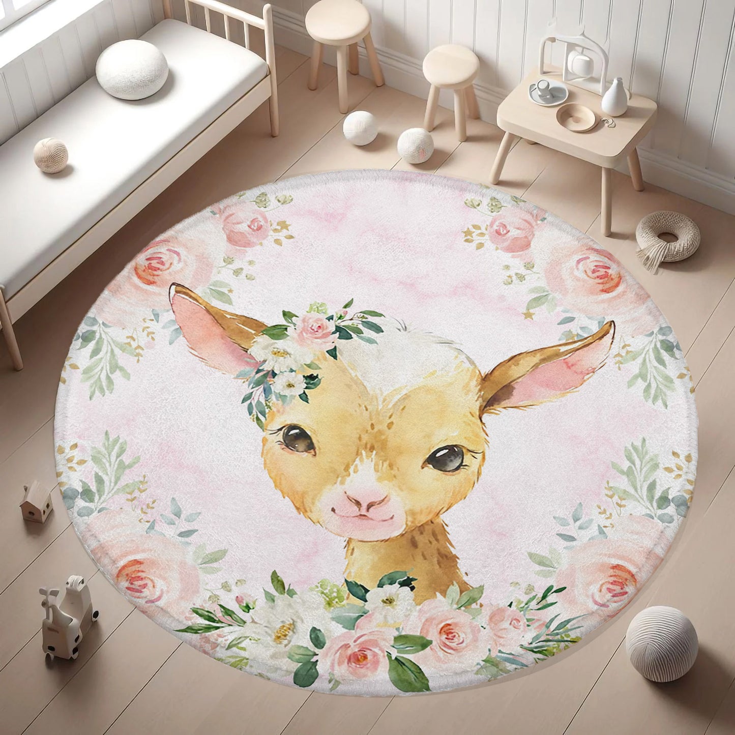 Baby Goat Rose Floral Round Rug