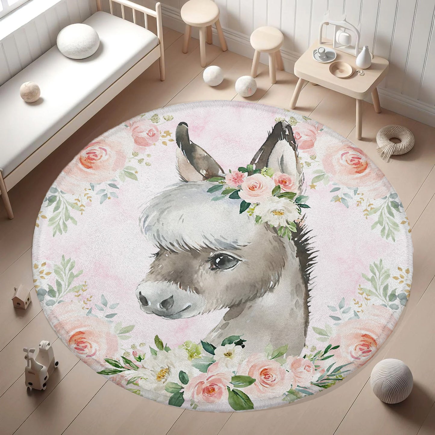 Baby Horse Rose Floral Round Rug