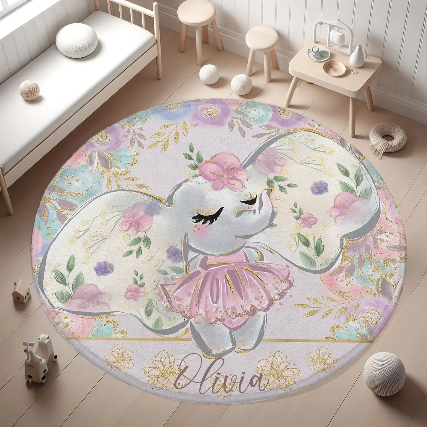 Ballerina Elephant Floral Round Rug