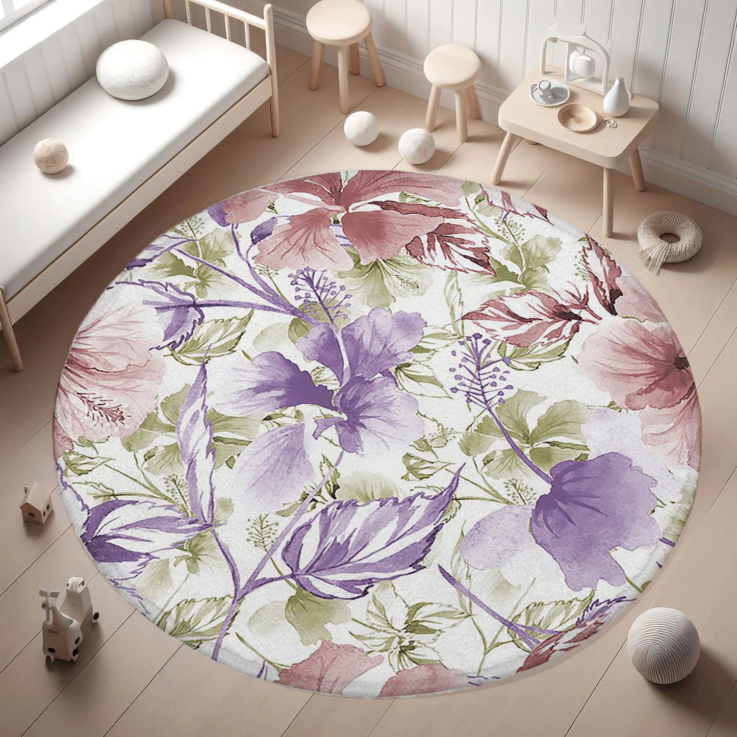 Purple Red Floral Round Rug