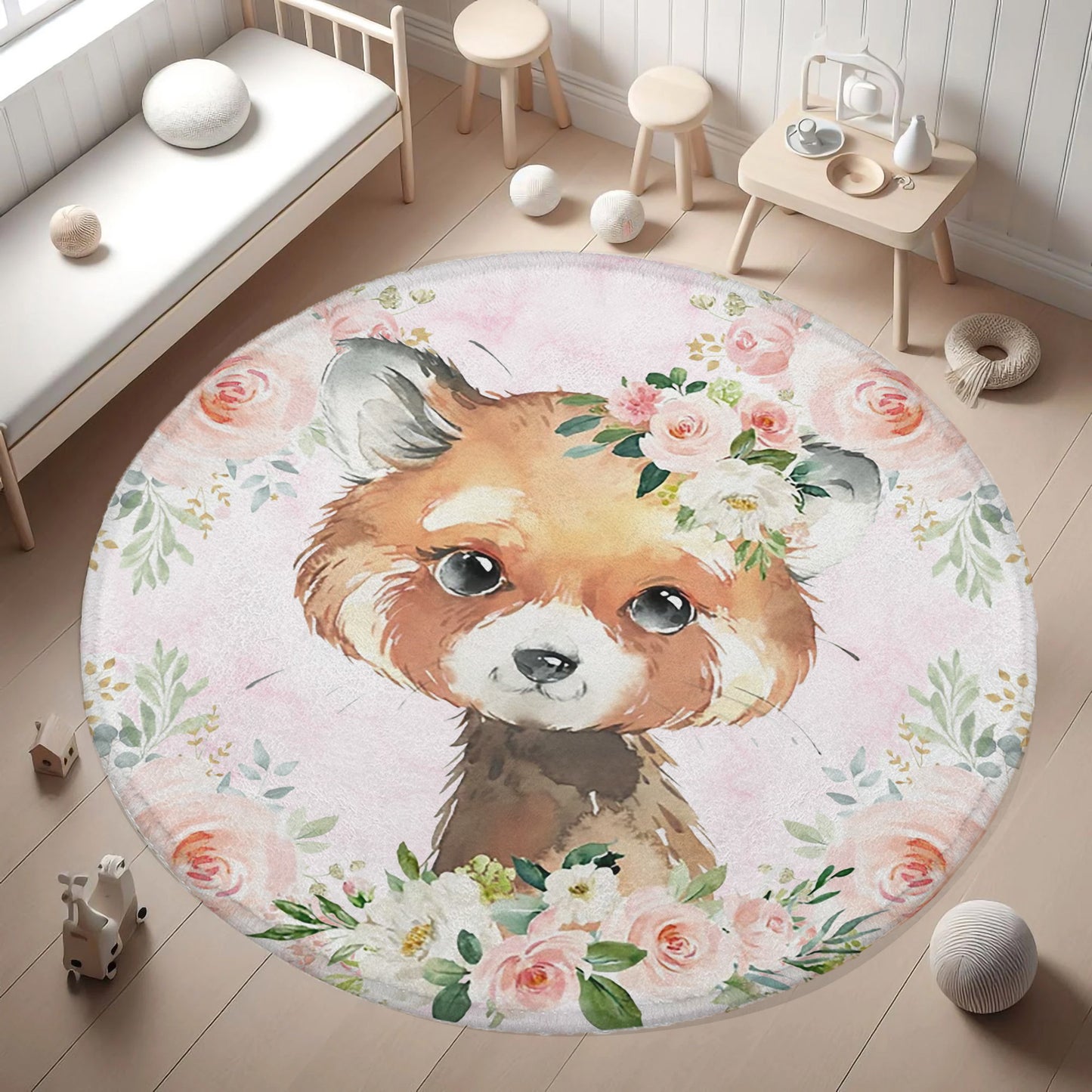 Baby Red Panda Rose Floral Round Rug