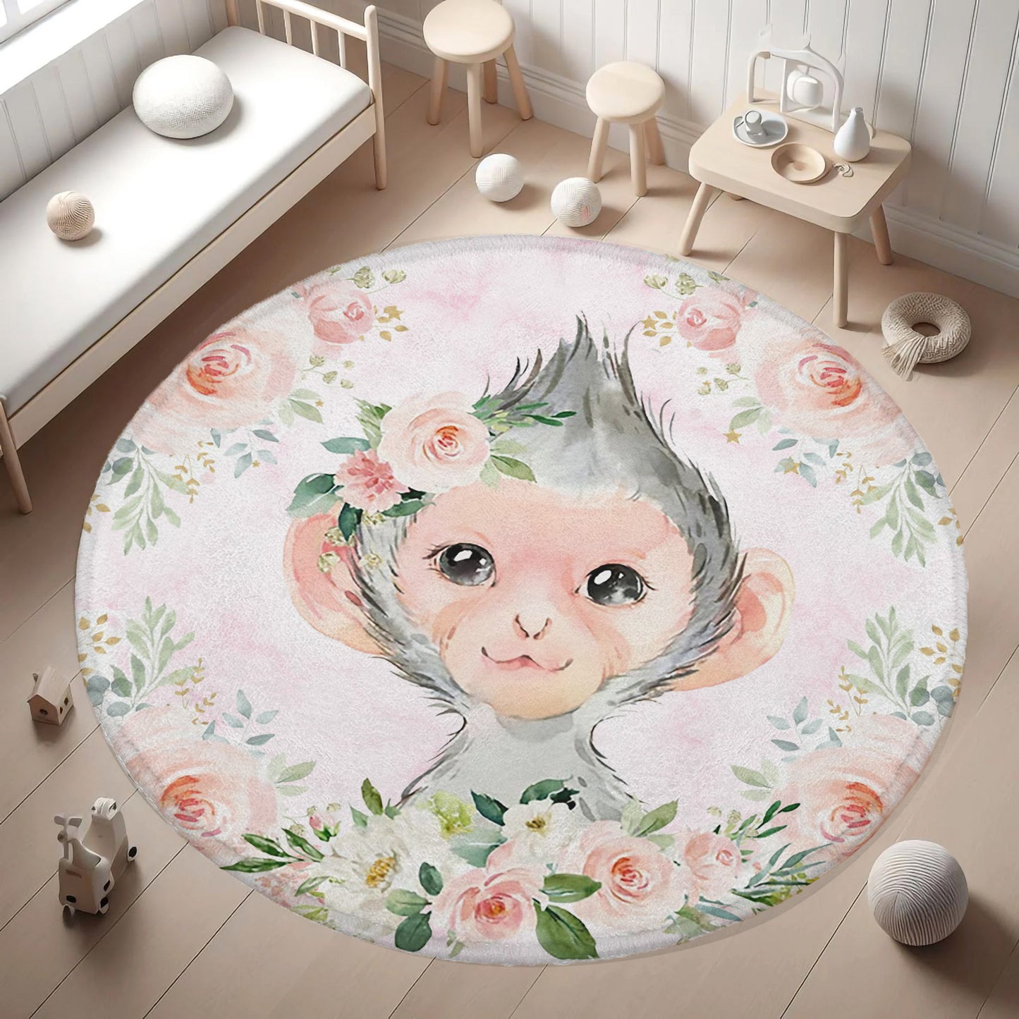 Baby Monkey Rose Floral Round Rug