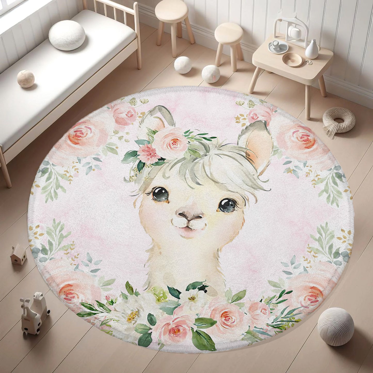 Baby Llama Rose Floral Round Rug
