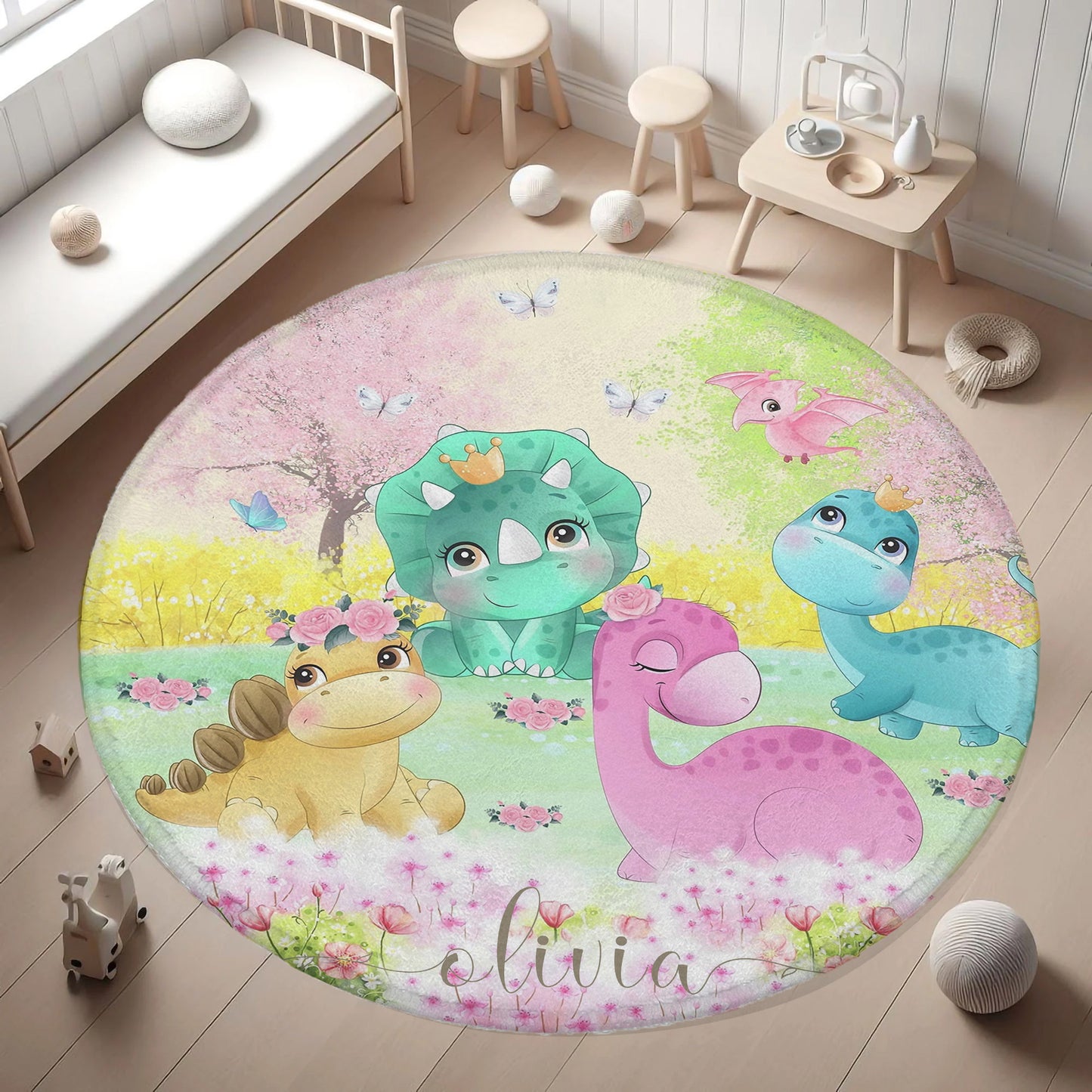 Dinosaurs Spring Floral Round Rug