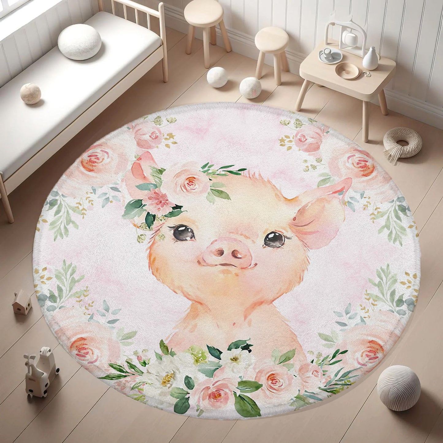 Baby Pig Rose Floral Round Rug