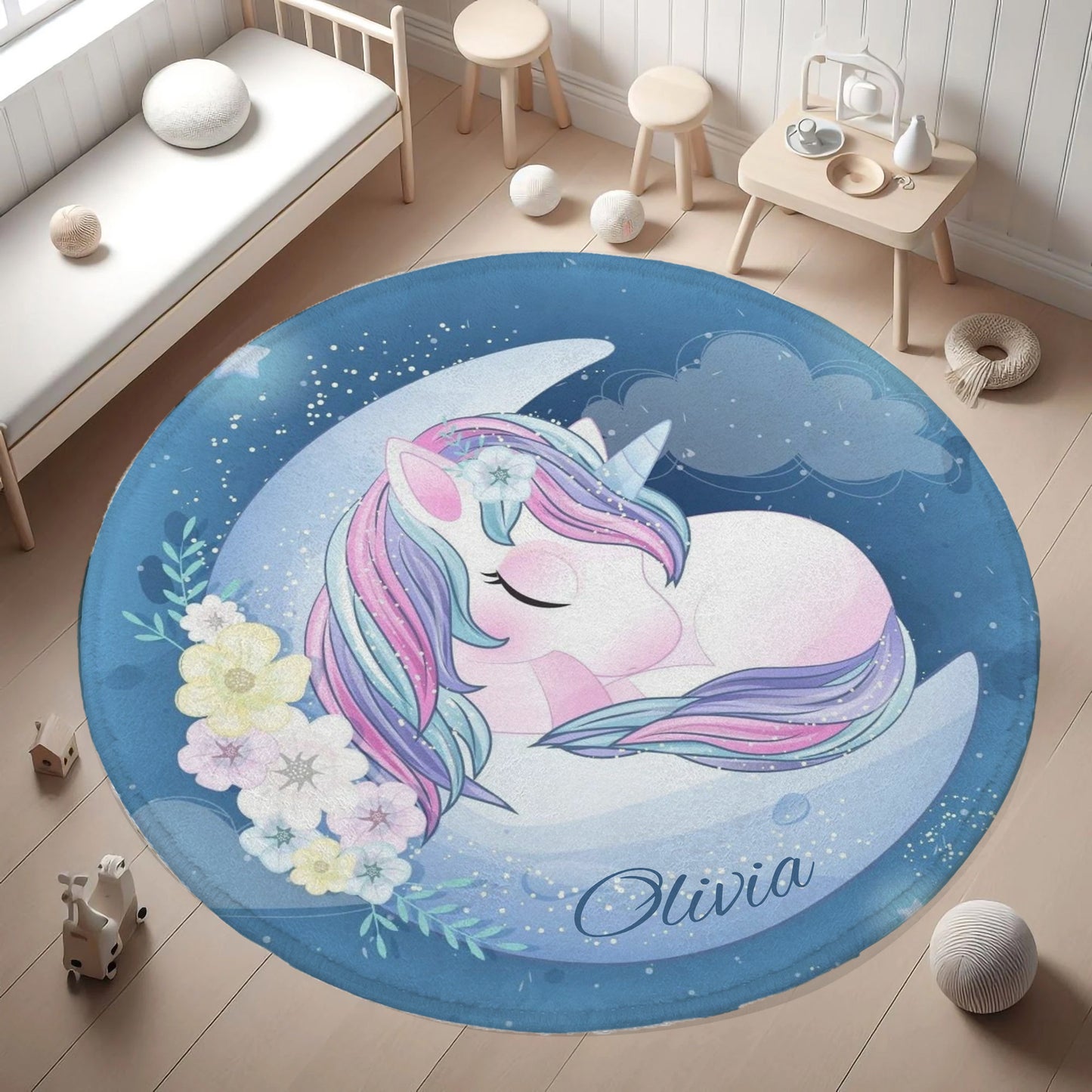 Baby Unicorn Floral Moon Round Rug