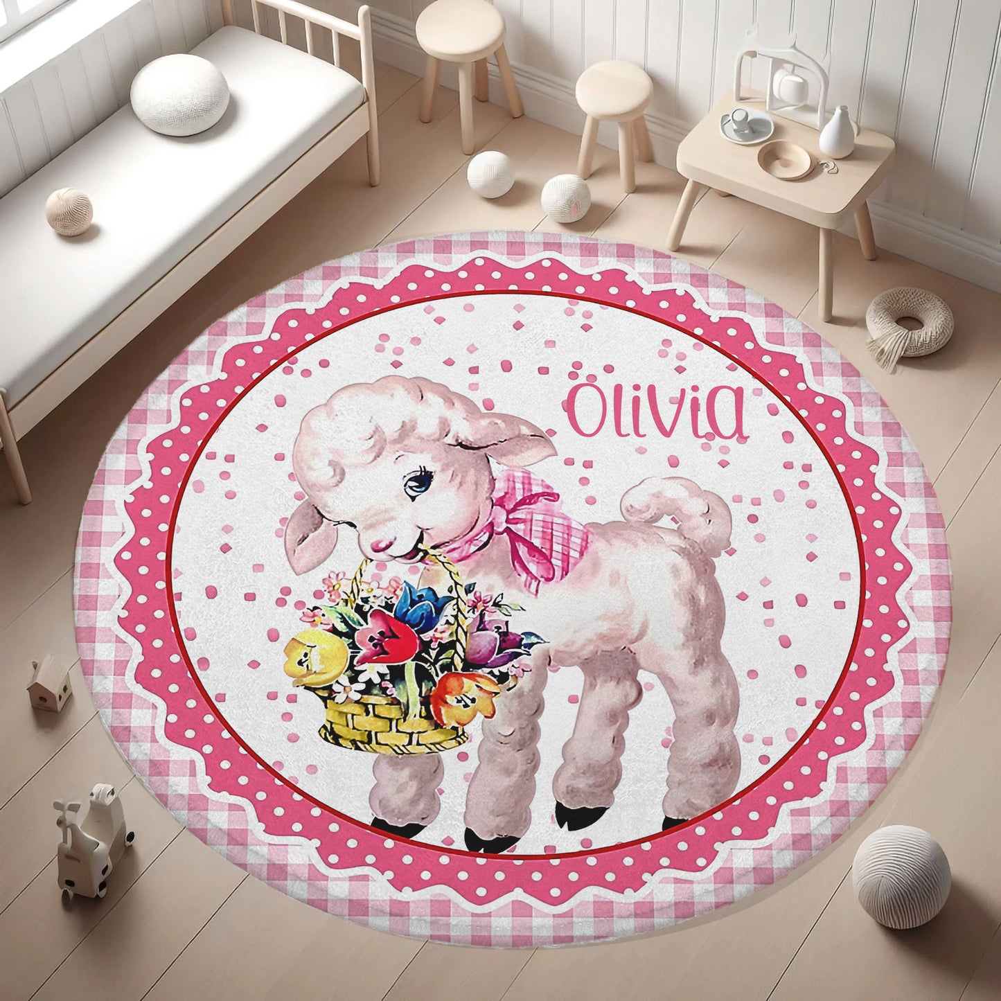 Vintage Sheep Flowers Round Rug