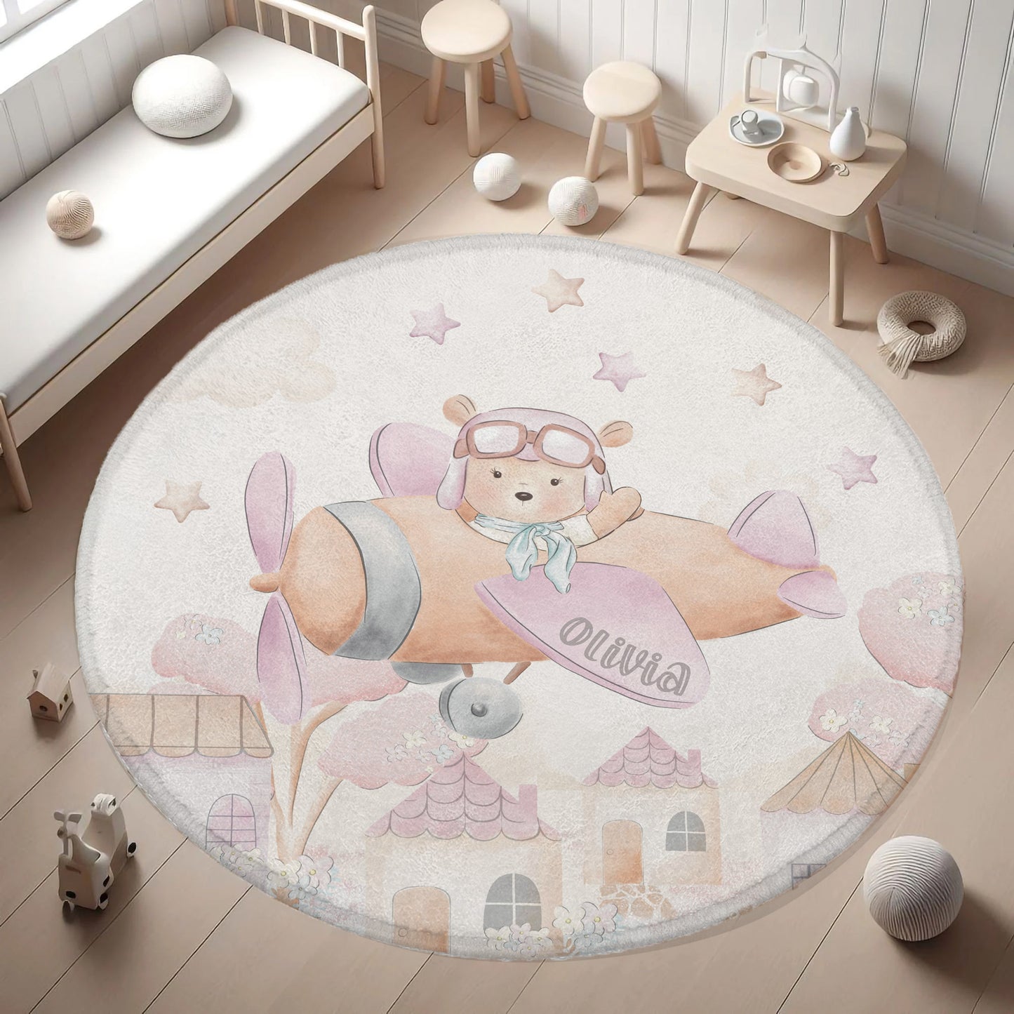 Little Pilot Flying Plane Round Rug