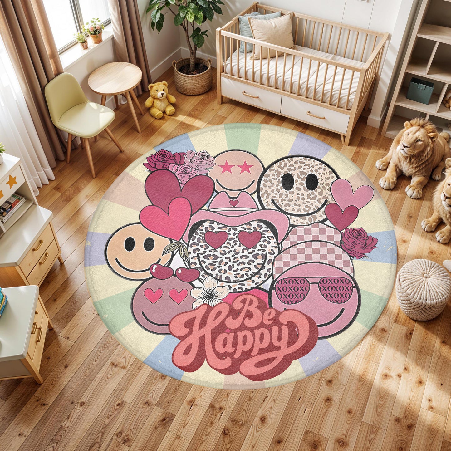 Be Happy Smile Face Round Rug