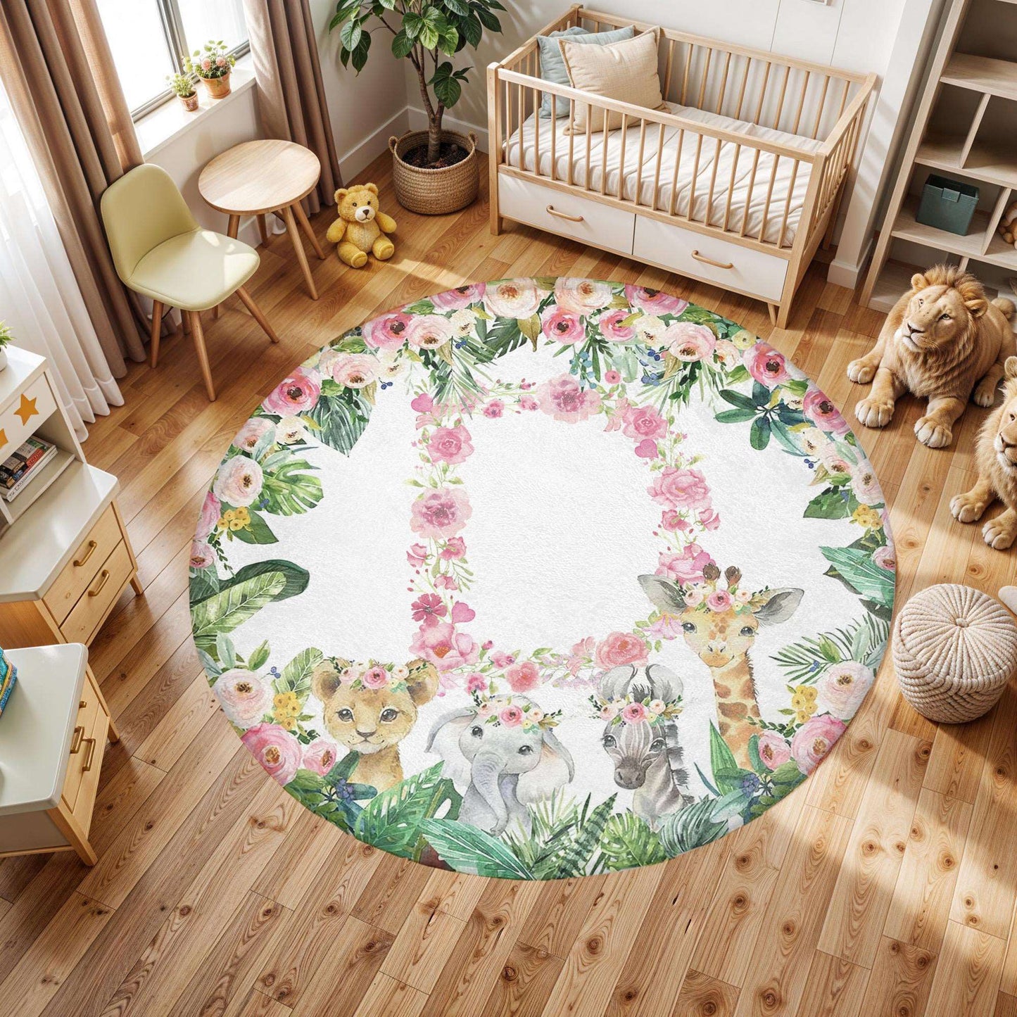 Safari Animals Floral Alphabet Round Rug