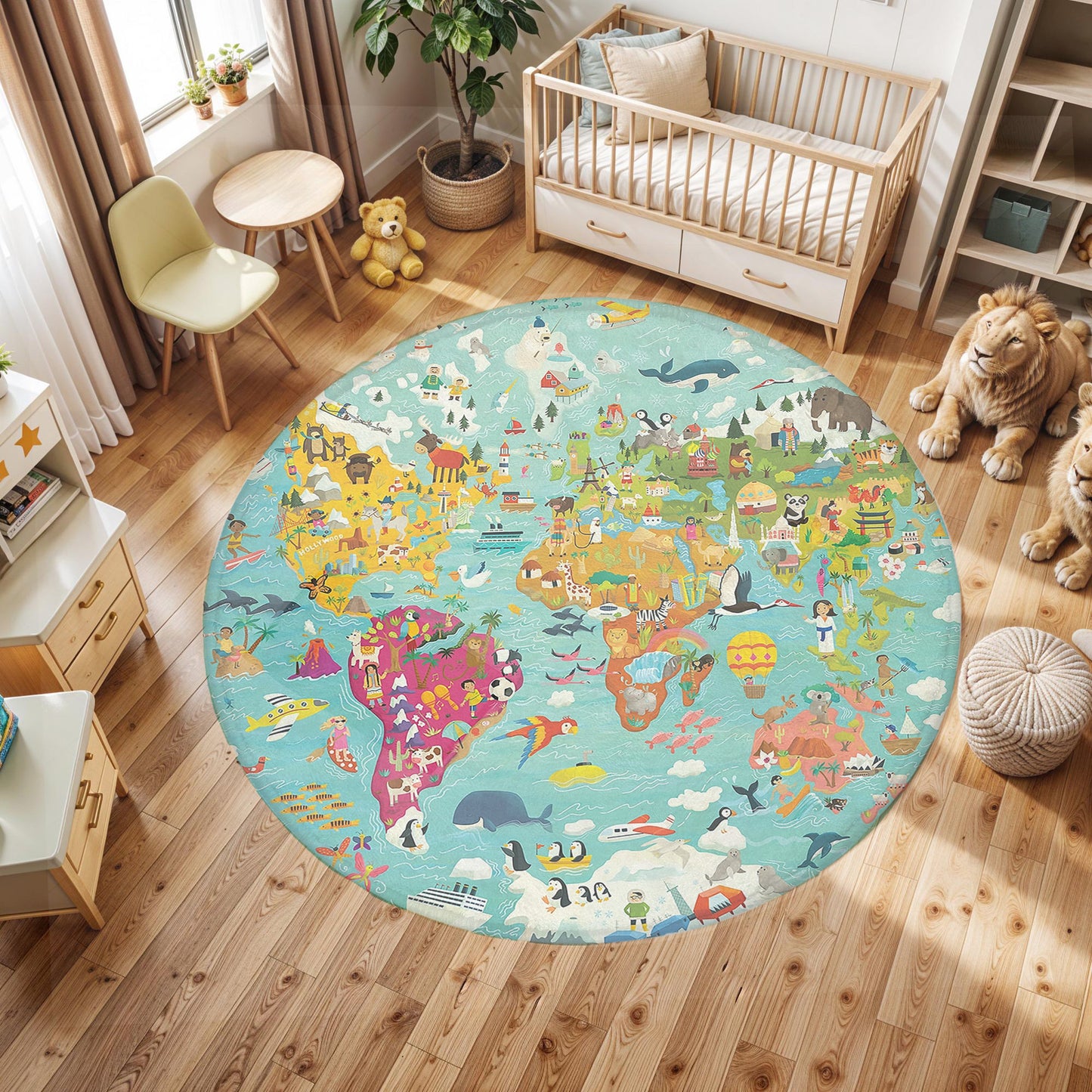 Animal World Map Round Rug