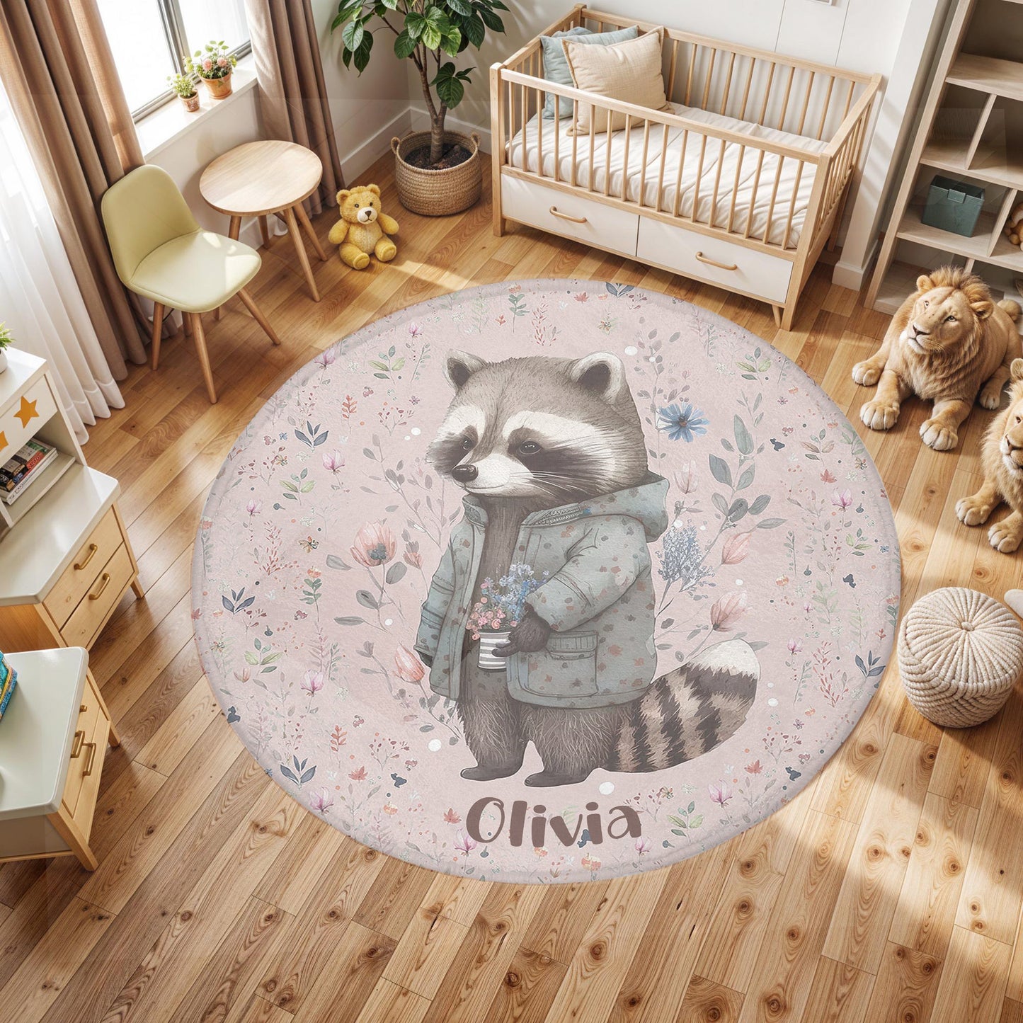 Floral Raccoon Round Rug