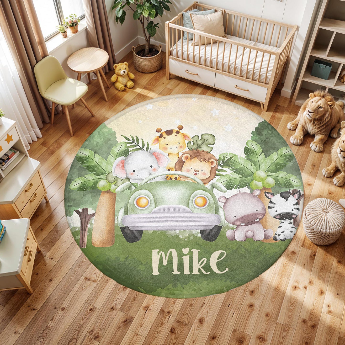 Safari Animals In Car Round Rug