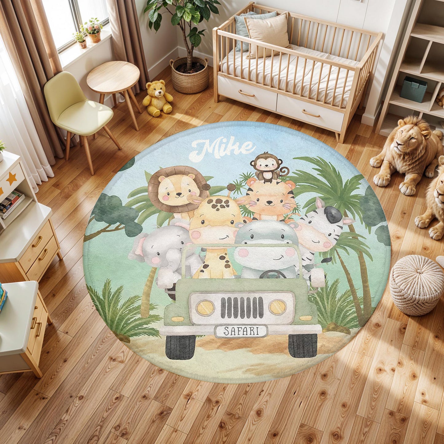 Safari Animals In Car Round Rug
