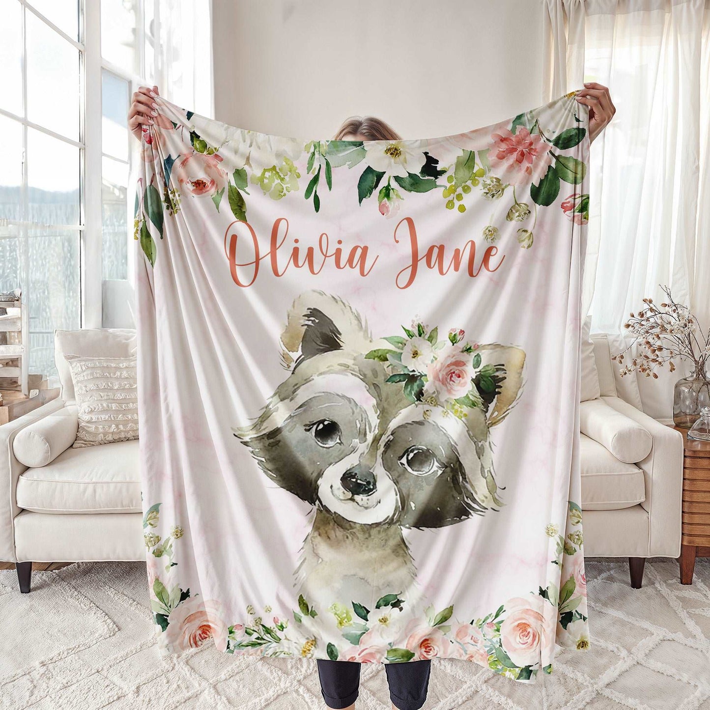 Raccoon Rose Floral Blanket