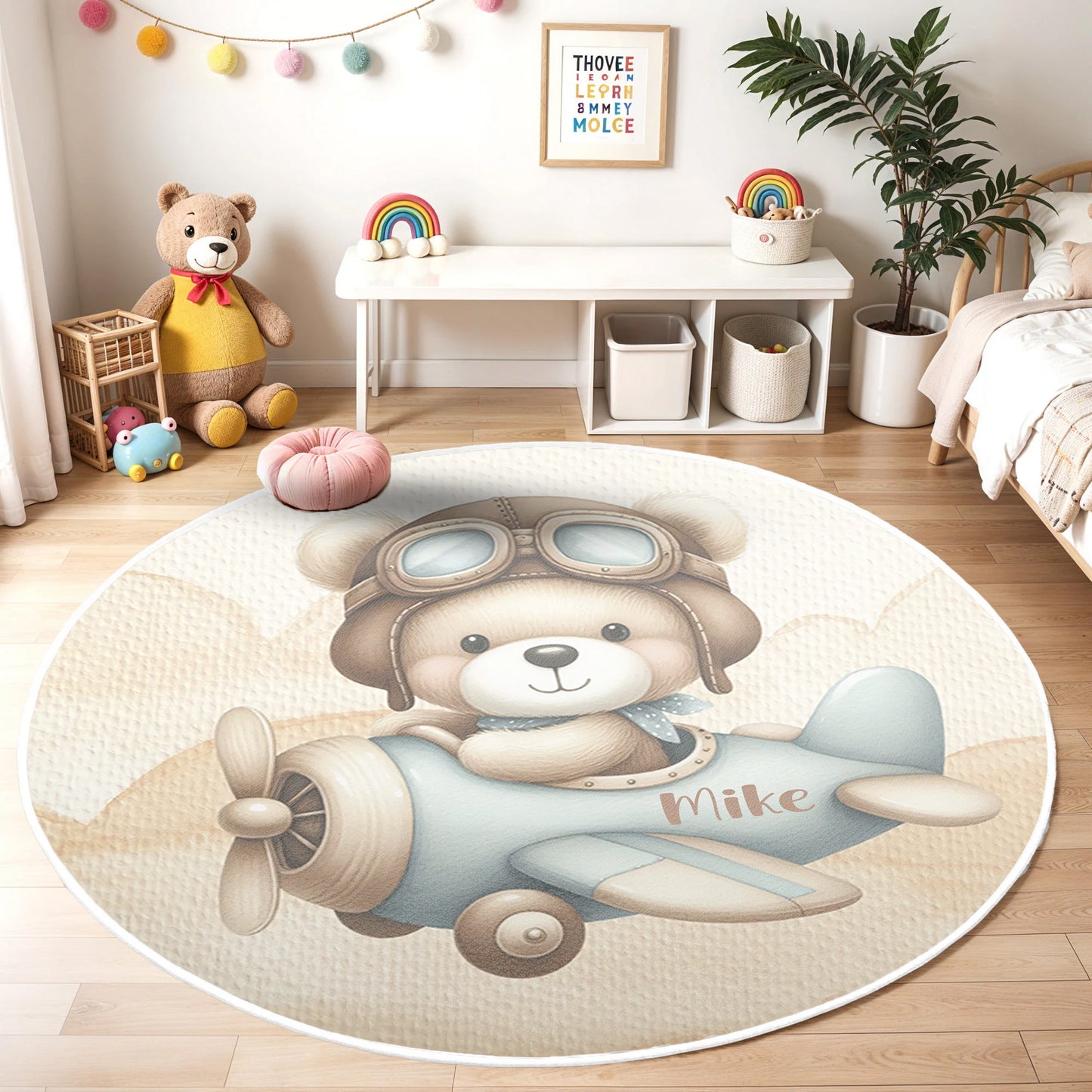 Pilot Bear On Plane Round Rug