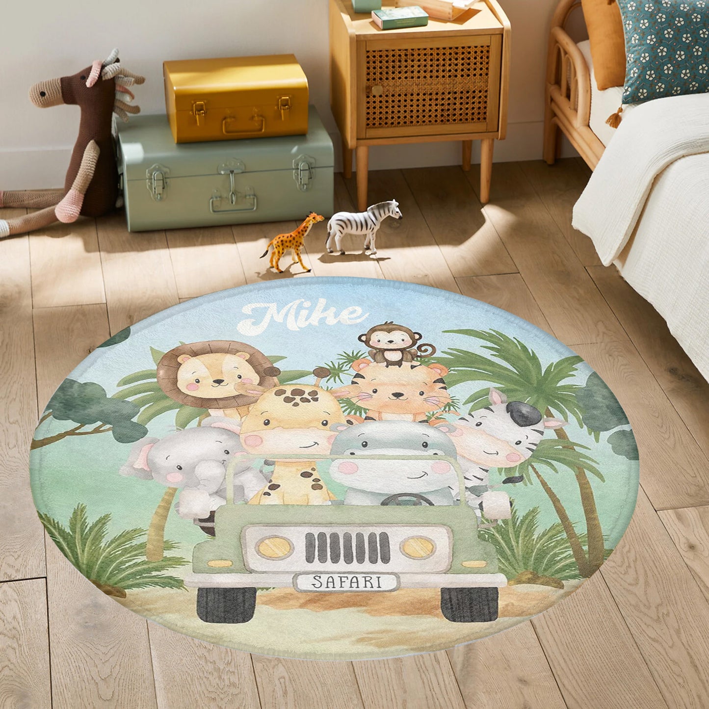 Safari Animals In Car Round Rug