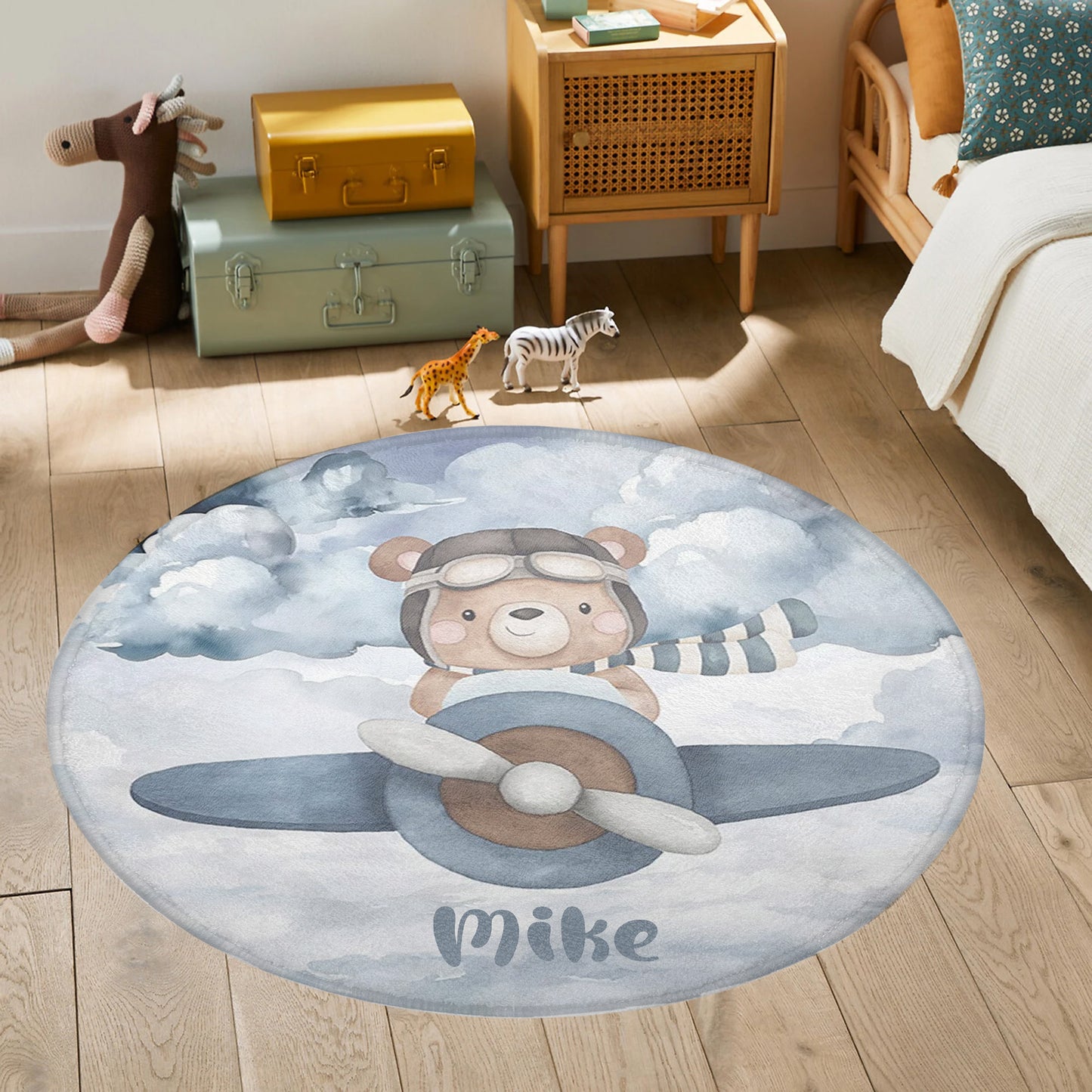 Pilot Bear On Plane Round Rug