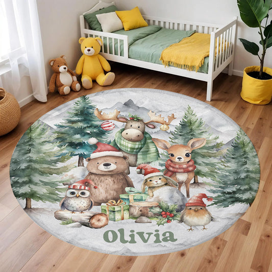 Christmas Woodland Animals Round Rug