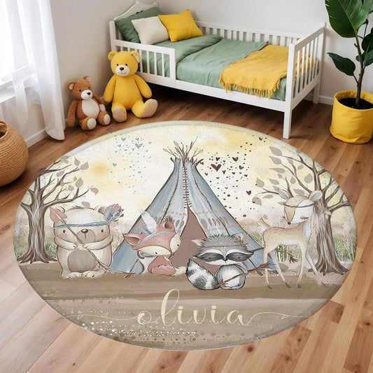 Boho Woodland Animals Round Rug