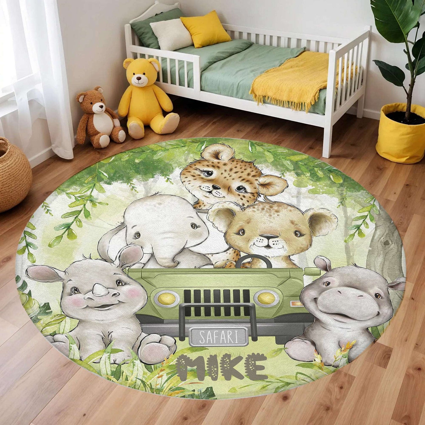Safari Animals In Car Round Rug