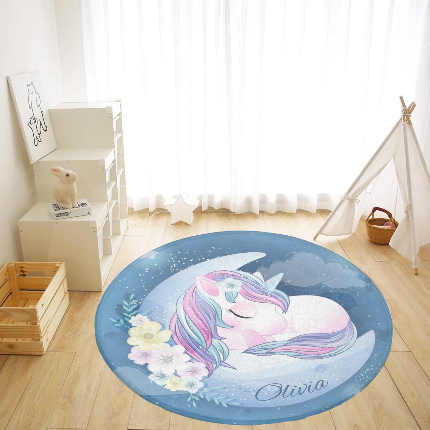 Baby Unicorn Floral Moon Round Rug