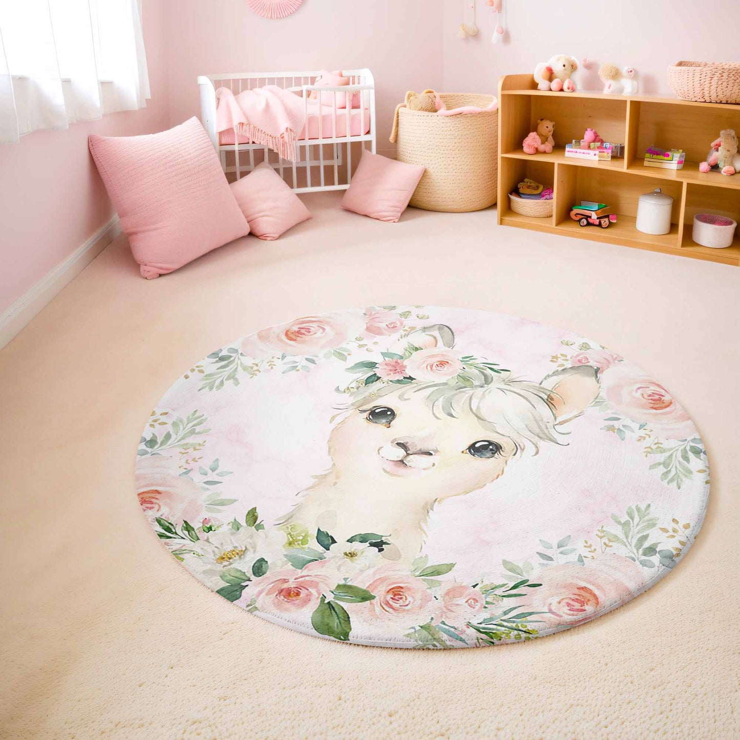 Baby Llama Rose Floral Round Rug