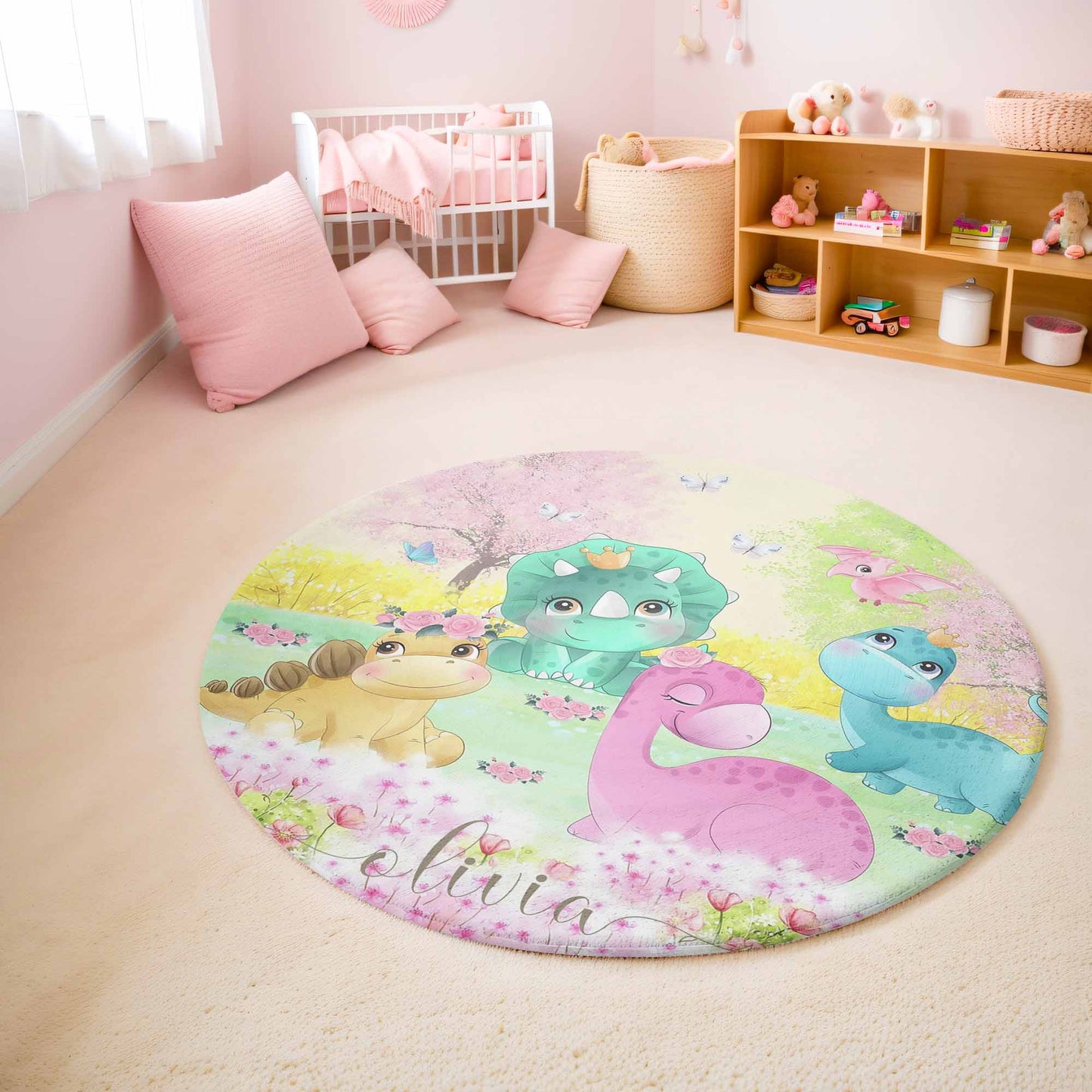 Dinosaurs Spring Floral Round Rug