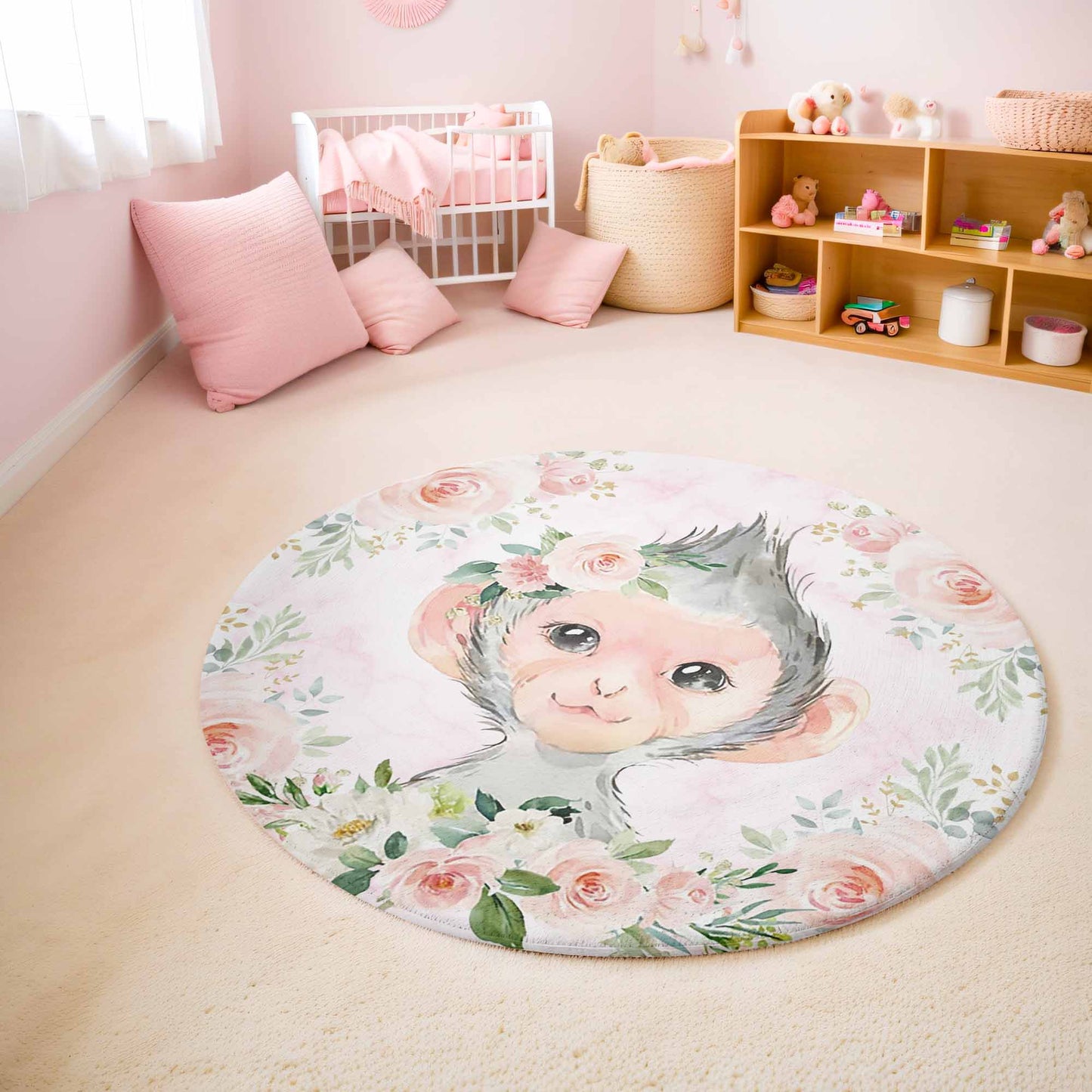 Baby Monkey Rose Floral Round Rug