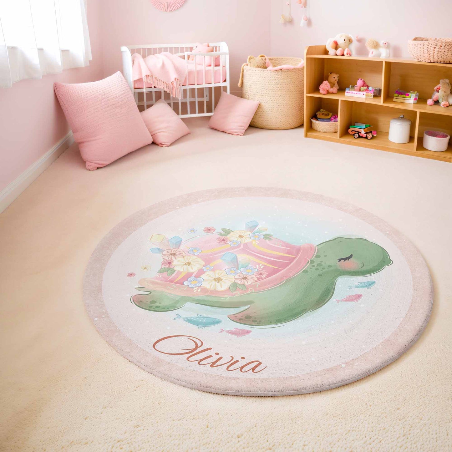 Floral Baby Sea Turtle Round Rug