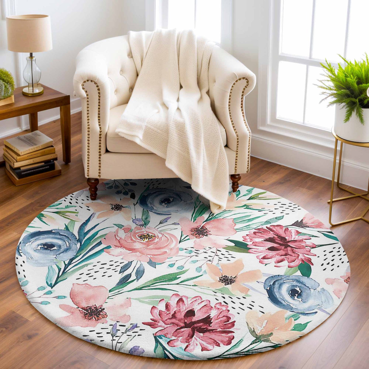 Blue Red Floral Round Rug