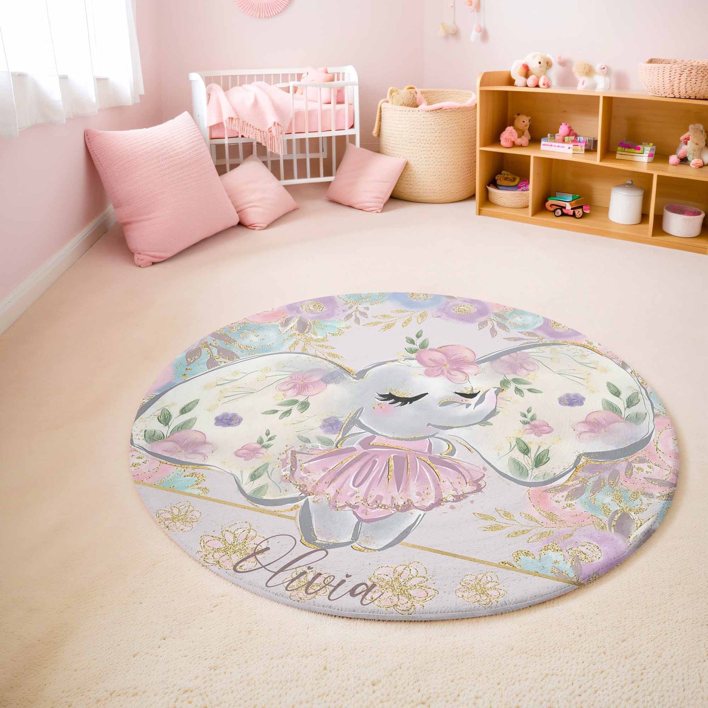 Ballerina Elephant Floral Round Rug