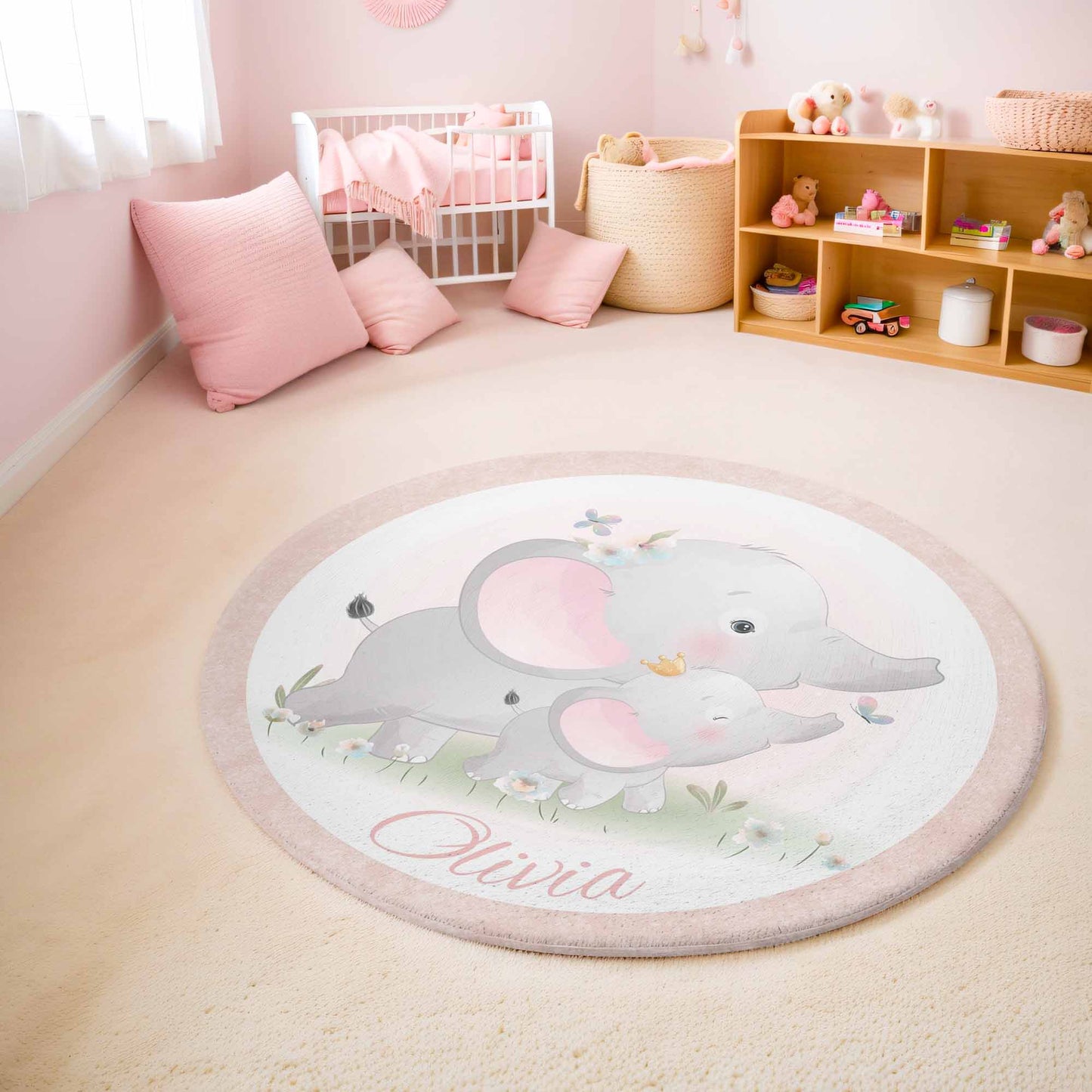Mom And Baby Elephant Round Rug