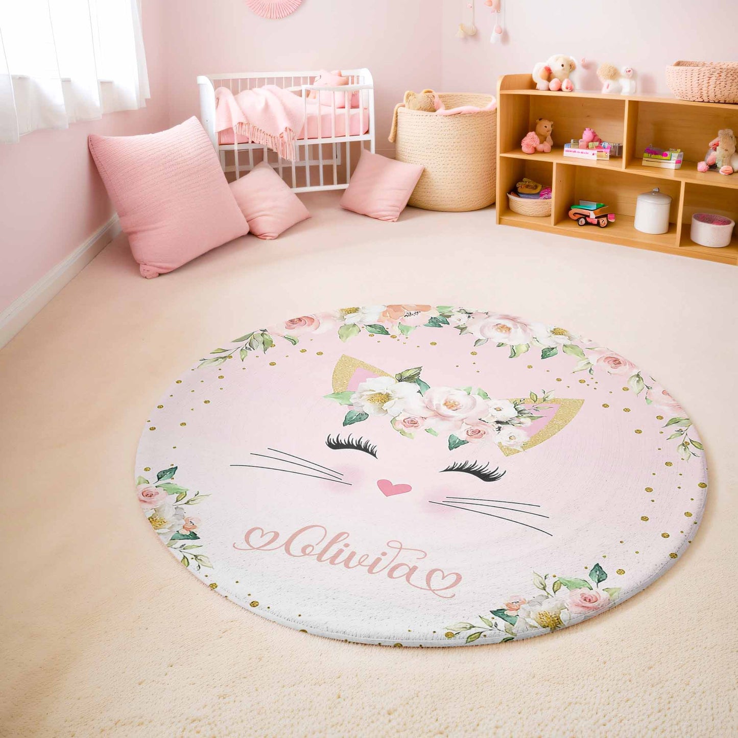 Floral Cat Face Round Rug