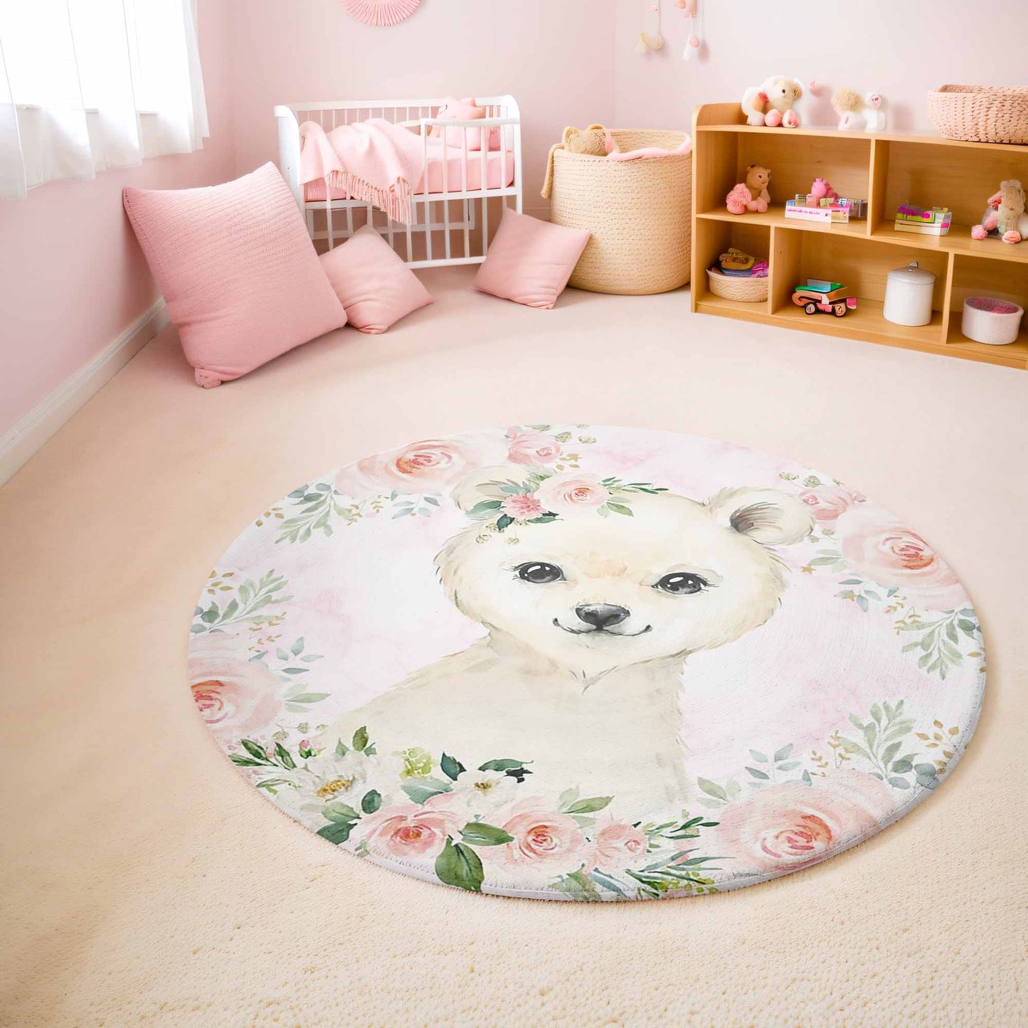 Baby Polar Bear Rose Floral Round Rug