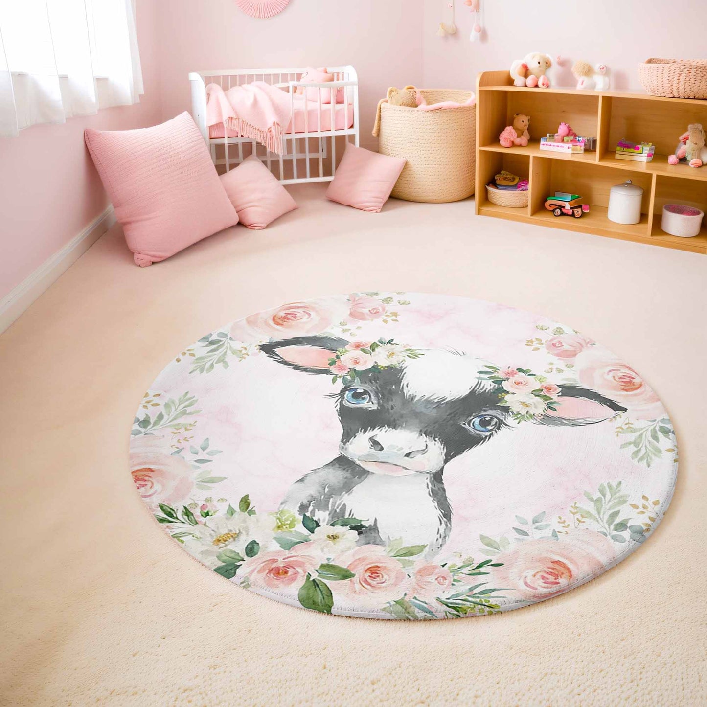 Baby Cow Rose Floral Round Rug