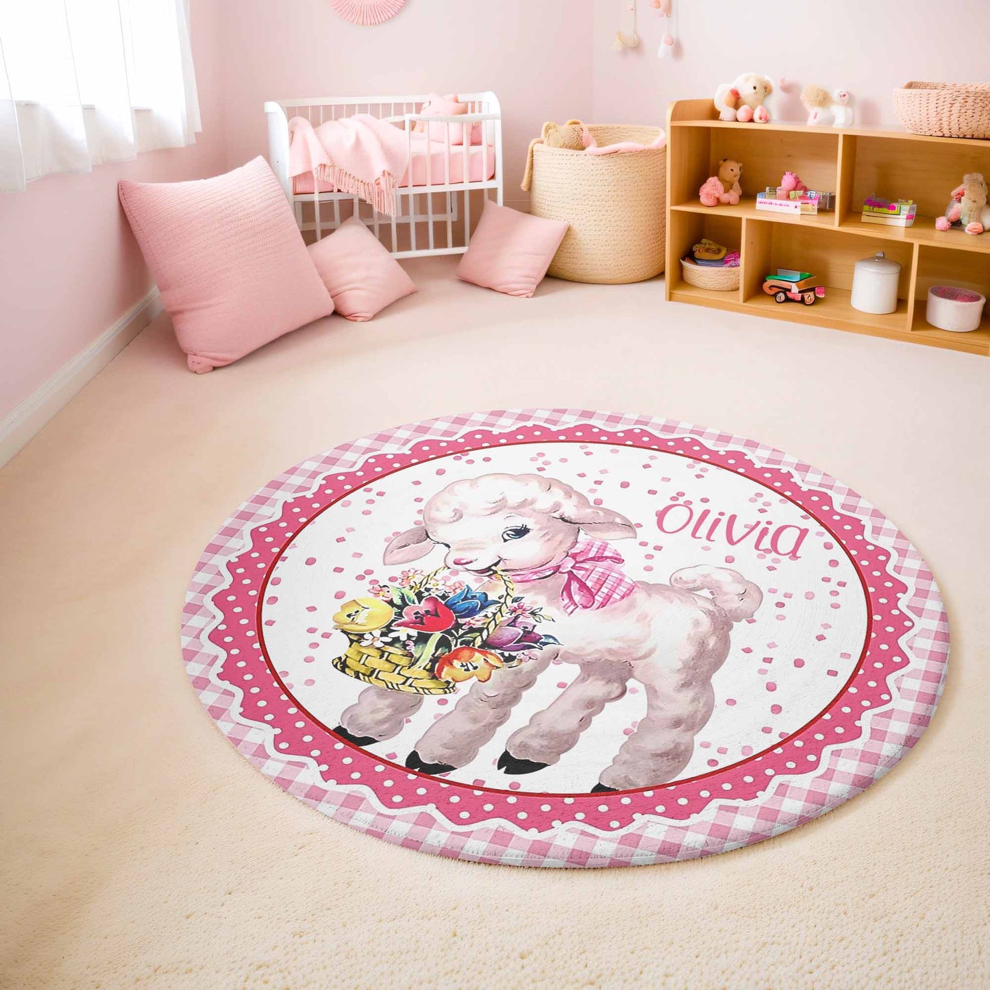 Vintage Sheep Flowers Round Rug