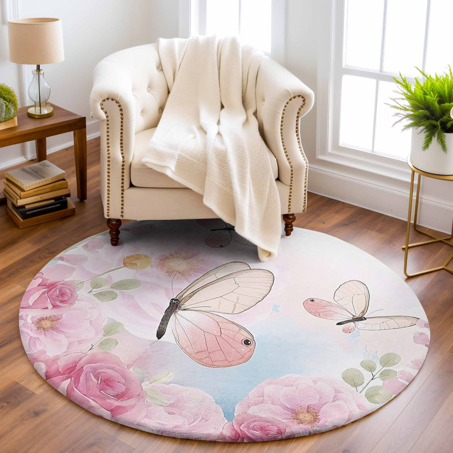 Spring Floral Butterfly Round Rug