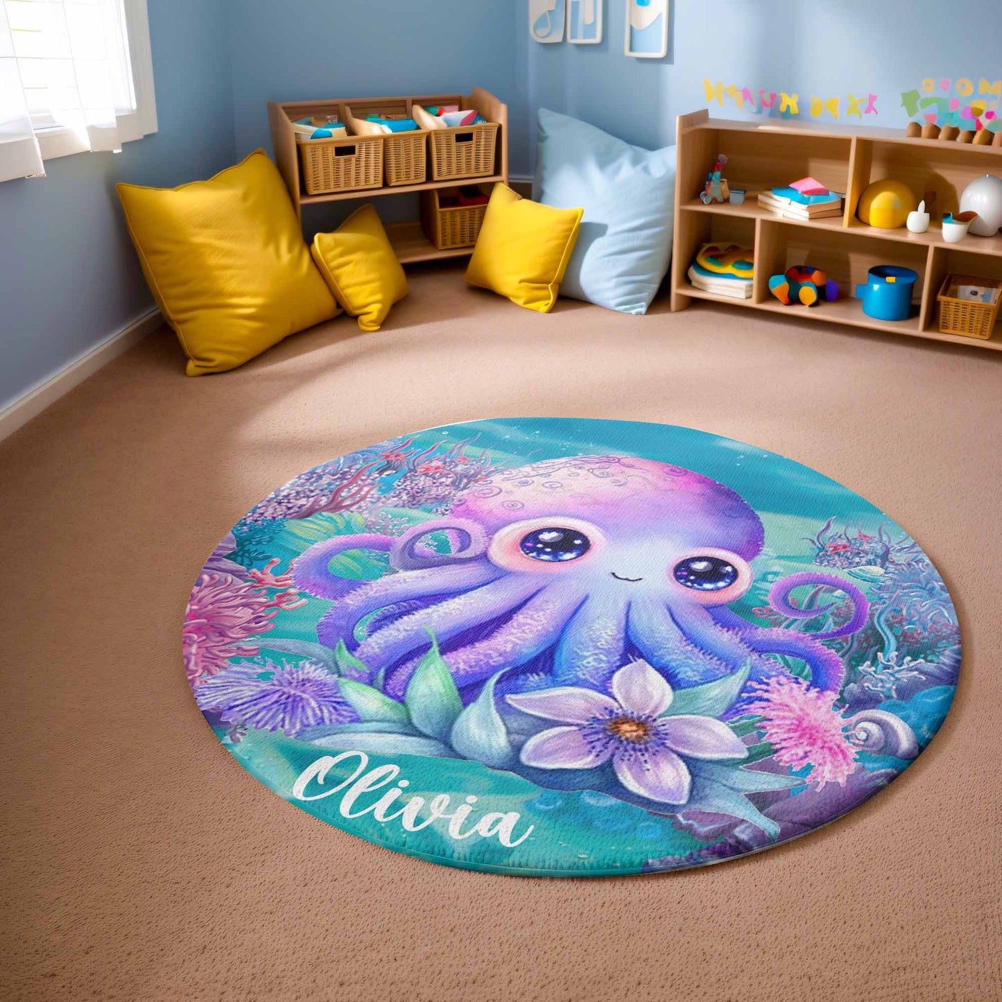 Sea Octopus Floral Round Rug