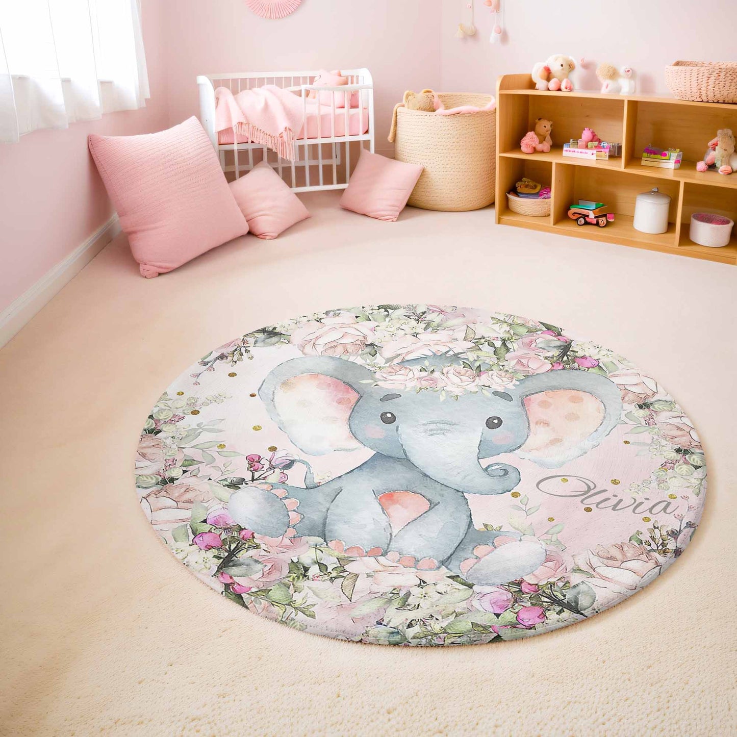 Baby Elephant Rose Floral Round Rug