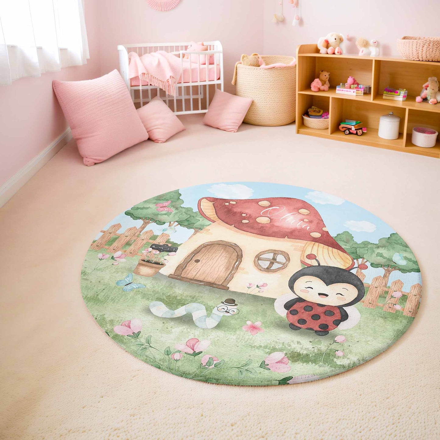 Ladybug Mushroom House Round Rug