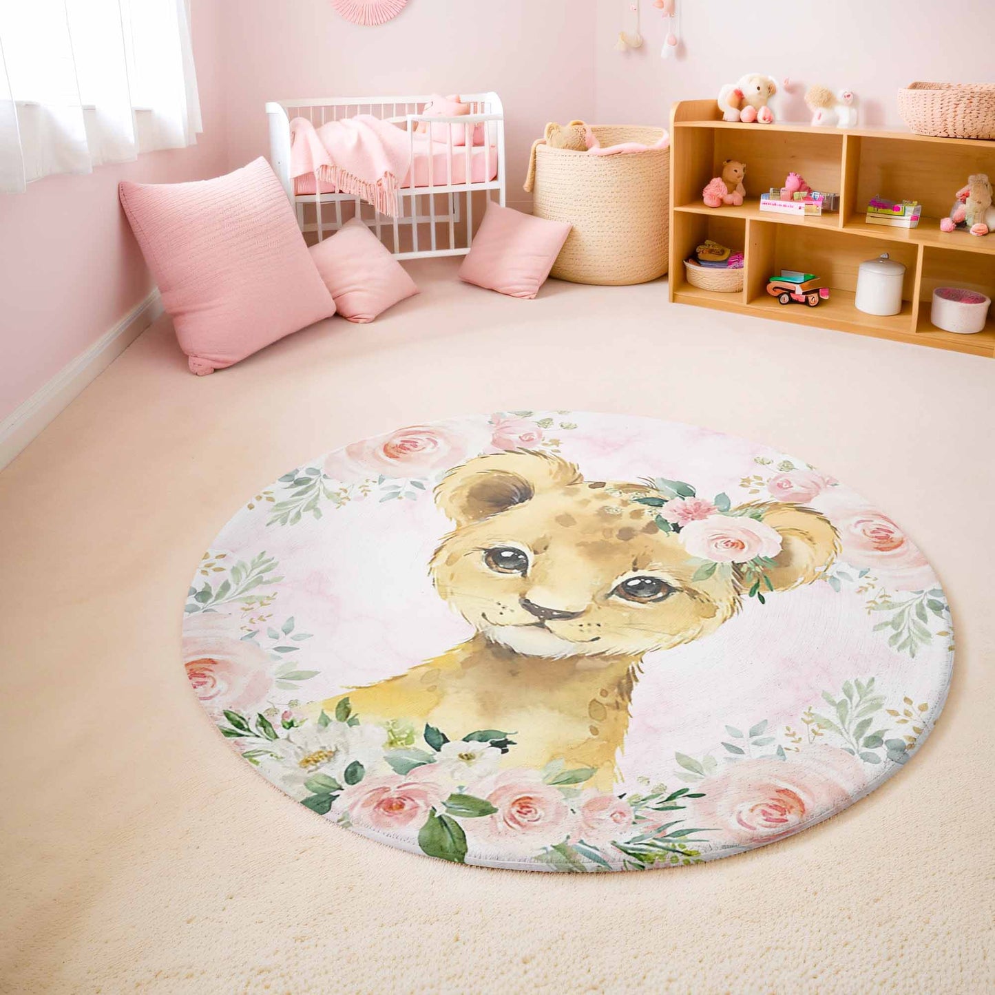 Baby Lion Rose Floral Round Rug