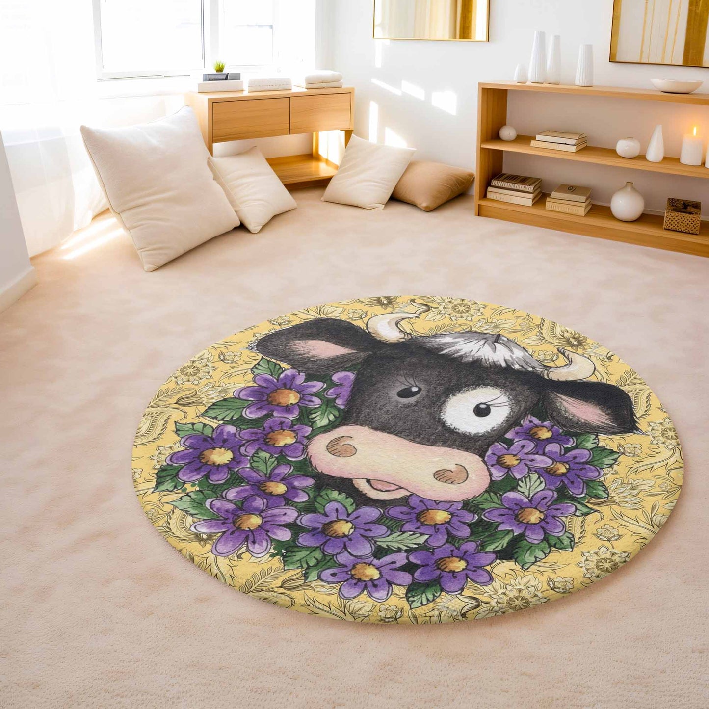 Floral Cow Round Rug